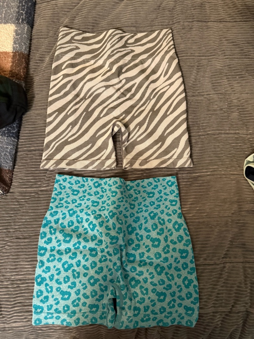 SHEIN Gray Zebra Print and Teal Leopard Athletic Bike Shorts Duo